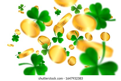 Saint Patrick's Day Border with Green Four and Tree Leaf Clovers and gold coins on White Background. Irish Lucky and success symbols. Vector illustration.