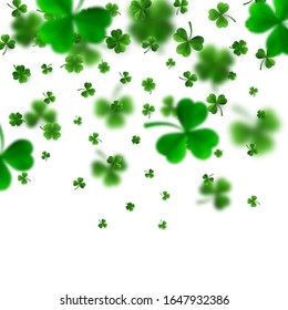 Saint Patrick's Day Border with Green Four and Tree 3D Leaf Clovers on White Background. Irish Lucky and success symbols. Vector illustration.