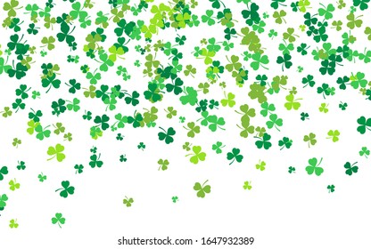 Saint Patrick's Day Border with Green Four and Tree Leaf Clovers on White Background. Irish Lucky and success symbols. Vector illustration.
