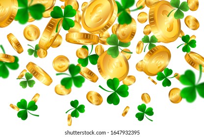 Saint Patrick's Day Border with Green Four and Tree Leaf Clovers and gold coins on White Background. Irish Lucky and success symbols. Vector illustration.
