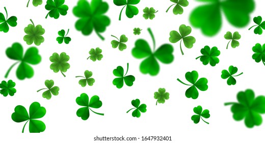 Saint Patrick's Day Border with Green Four and Tree 3D Leaf Clovers on White Background. Irish Lucky and success symbols. Vector illustration.
