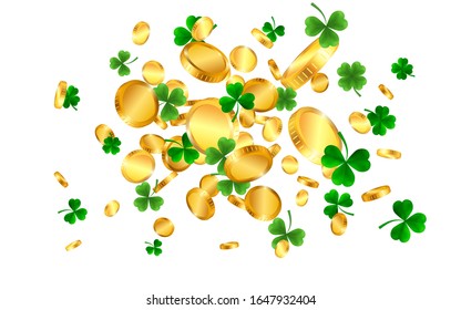 Borde del Día de San Patricio con los cuatro verdes y los tazones de hoja de árbol y monedas de oro en fondo blanco. Irish Lucky y los símbolos del éxito. Ilustración vectorial.