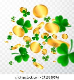 Saint Patrick's Day Border with Green Four and Tree Leaf Clovers and gold coins. Irish Lucky and success symbols. Vector illustration.