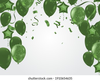 Saint Patrick's Day border with green four and tree leaf clovers on balloons background. Vector illustration. Party invitation design, typographic template. Lucky and success symbols