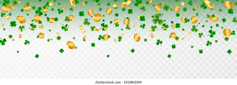 Saint Patrick's Day Border with Green Four and Tree Leaf Clovers and gold coins on White Background. Irish Lucky and success symbols. Vector illustration.