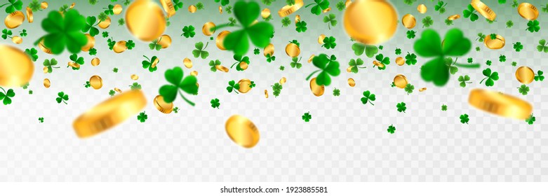 Saint Patrick's Day Border with Green Four and Tree Leaf Clovers and gold coins on White Background. Irish Lucky and success symbols. Vector illustration.