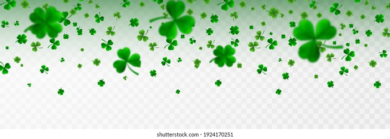 Saint Patrick's Day Border with Green Four and Tree 3D Leaf Clovers on White Background. Irish Lucky and success symbols. Vector illustration.