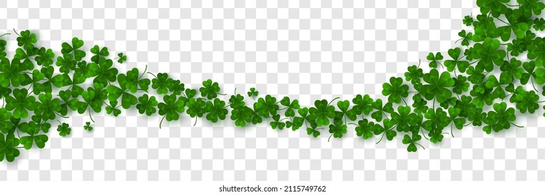 Saint Patrick's Day Border. Green flying clover leaves isolated on transparent background. Vector illustration. Spring decoration frame design