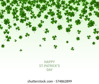 Saint Patrick's Day Border with Green Four and Tree Leaf Clovers on White Background. Vector illustration. Party Invitation Design, Typographic Template. Lucky and success symbols