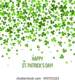 Saint Patrick's Day border with green four and tree leaf clovers on white background. Vector illustration. Party invitation design, typographic template. Lucky and success symbols