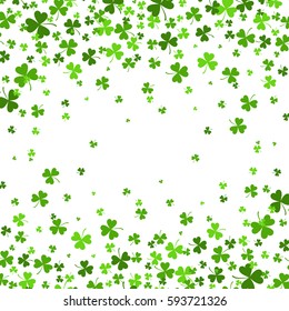 Saint Patrick's Day border with green four and tree leaf clovers on white background. Vector illustration. Party invitation design, typographic template. Lucky and success symbols