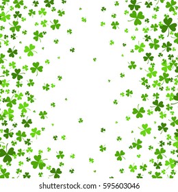 Saint Patrick's Day border with green four and tree leaf clovers on white background. Vector illustration. Party invitation design, typographic template. Lucky and success symbols