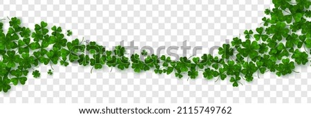 Saint Patrick's Day Border. Green flying clover leaves isolated on transparent background. Vector illustration. Spring decoration frame design