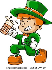 Saint Patrick's Day Boy holding Beer Cartoon Character in Retro Illustration