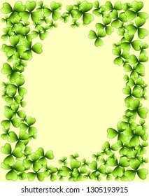 Saint Patrick's Day bright green vector frame with clover shamrock leaves. Irish festival celebration greeting card design background. Nature floral spring backdrop.
