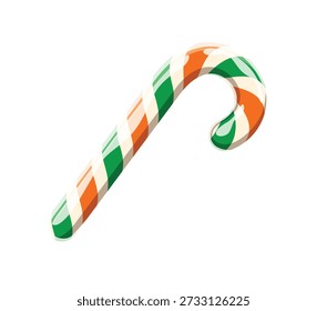 Saint Patrick's Day candy cane for Irish holiday game asset, cartoon vector icon. Candy cane caramel dessert with Ireland flag color stripes for St Patrick festival of Ireland holiday sweet dessert