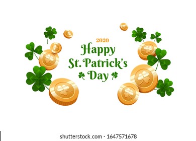 Saint Patrick's Day card or banner with clover leaves and golden coins isolated on white background. Irish holiday label with place for text. Vector illustration.