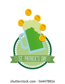 saint patrick's day card with beer jar and gold coin over white background. colorful design. vector illustration