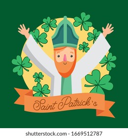 saint patricks day card with bishop and clover leaves. vector illustration
