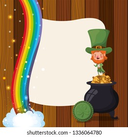 saint patricks day card with cauldron and lemprechaun