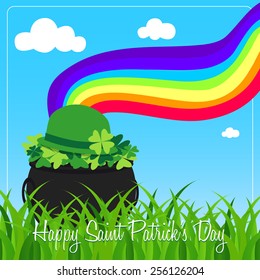 saint patrick's day card, cauldron or black pot full of four-leaf clovers at the end of a rainbow