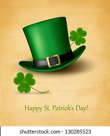 Saint Patrick's Day card with clove leaf and green hat. Vector illustration.