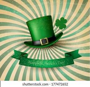 Saint Patrick's Day card with clove leaf and green hat. Vector illustration. 