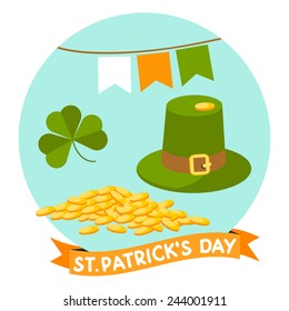 Saint Patrick's Day card with clove leaf, green hat of  Leprechaun, gold coins and flags. Vector illustration with orange ribbon with greeting text.   