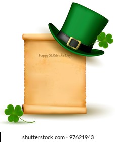 Saint Patrick's Day card with clove leaf and green hat. Vector illustration.