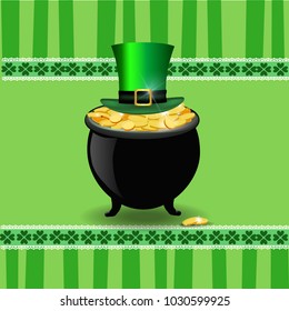 Saint Patrick's Day card with clover lace, cauldron with leprechaun's gold and top hat cylinder on green background with retro stripes and cute elegant border with shamrock leaves. Vector illustration