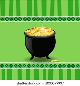 Saint Patrick's Day card with clover lace, pot with leprechaun's gold  on green background with cute retro stripes and elegant border with shamrock leaves. Vector illustration, clip art for holidays. 