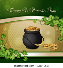Saint Patrick's Day card with clover and cauldron with gold