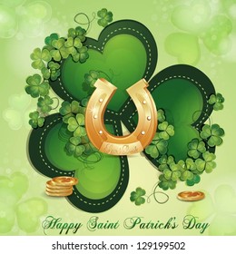 Saint Patrick's Day card with clover and horseshoe