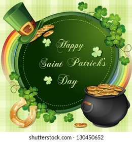 Saint Patrick's Day card with clover and cauldron with gold