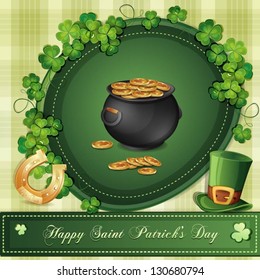 Saint Patrick's Day card with clover and cauldron with gold