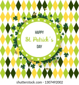 Saint Patricks Day Card with clover and gold abstract background Vector Illustration.