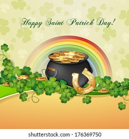 Saint Patrick's Day card with clover and cauldron with gold .