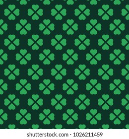 Saint Patrick's Day card with decorative clovers on dark background. Design element for St Patrick's Day. Ready for your design, greeting card, banner. Vector illustration.