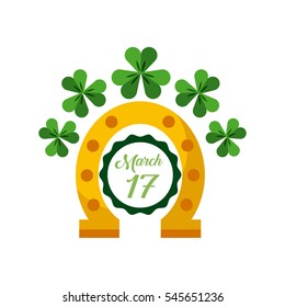 Saint Patricks Day card with decorative clovers and horseshoe. colorful design. vector illustration