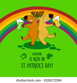 Saint Patrick's Day card with deers and irish simbols. Vector doodle illustration.