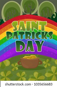 Saint Patricks Day Card Design - Treasure of Leprechaun on rainbow Background
