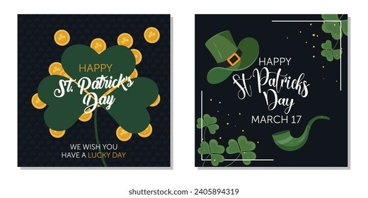 Saint Patrick's Day Card Design set. The set is great for social media posts, cards, brochures, flyers, and advertising poster templates. Vector illus