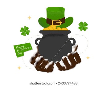 Saint Patrick's Day card design. Halftone collage hands holding pot of money. 00s Y2k retro Ireland aesthetic. Saint Patrick mixed media concept. Vector art for social media