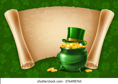 Saint Patricks Day Card Design with Treasure of Leprechaun, Pot Full of Golden Coins, Green Top Hat and Ancient Paper Roll on Background. Vector Illustration. There is Space For Your Text.