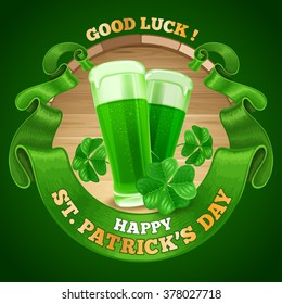 Saint Patricks Day Card Design with Goblets of Green Beer, Shamrock, and Rounded Vintage Green Ribbon. Vector Illustration. There is Space For Your Text.
