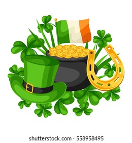 Saint Patricks Day card. Flag Ireland, pot of gold coins, shamrocks, green hat and horseshoe.