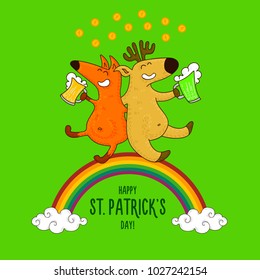 Saint Patrick's Day card with fox, deer and irish symbols. Vector doodle illustration.