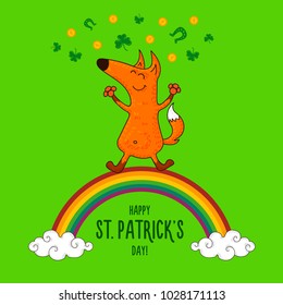 Saint Patrick's Day card with fox and irish simbols. Vector doodle illustration.