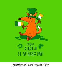 Saint Patrick's Day card with fox and irish simbols. Vector doodle illustration.