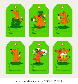 Saint Patrick's Day card with foxes and irish simbols. Vector doodle illustration.